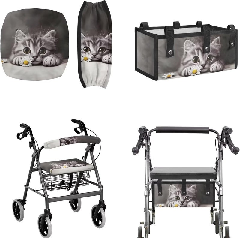 LedBack Cute Gray Cat Rollator Cover Universal Rollator Walker Seat and Backrest Covers Walker Accessories Sets for Seniors Underseat Pouch Tote for Rolling Walkers - Image 1